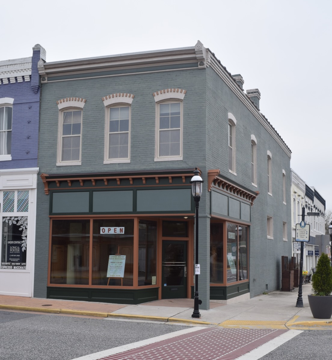 Lower Shore Coin Exchange storefront on the corner in Snow Hill, Maryland